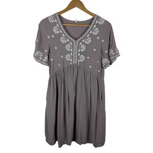 PinkBlush Maternity Grey Embroidered Mini Dress Small Boho Comfy Flowy Cottage